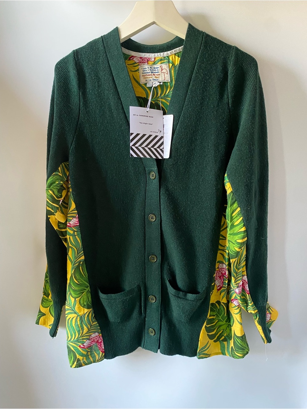 NWT Sandrine Rose Green Tropical Print Mixed Media Cardigan SZ S